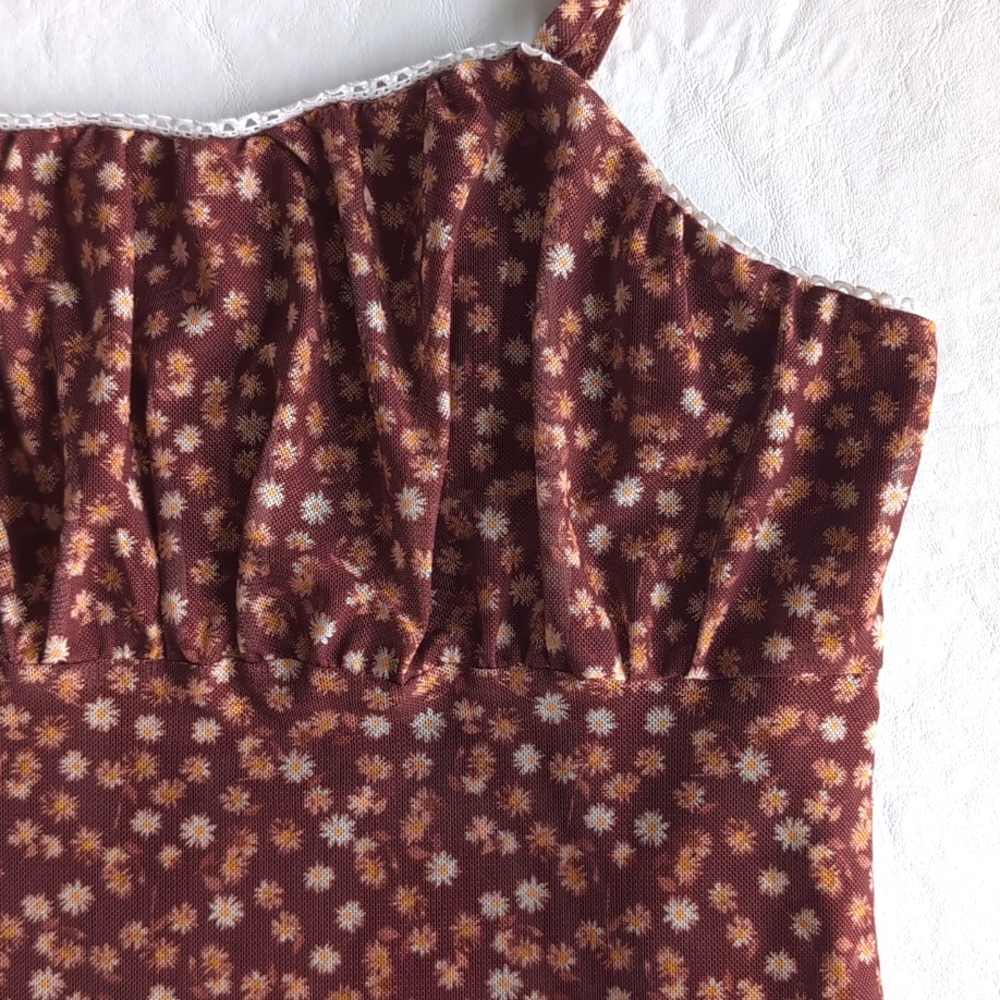 90's Justify Brown Bitsy Floral Print Stretchy Mini Slip Dress Women's Sz Small - Picture 2 of 9